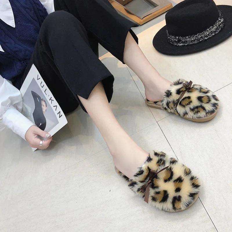 Women Slippers Fur Warm Winter Slipper Leopard Bow Furry Shoes Ins Kawaii Ladies Soft Winter Slide Plus Size 41