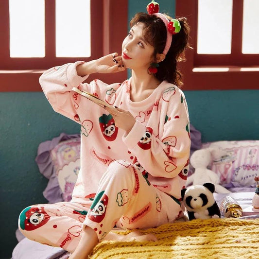 Women's Pajamas for Fall Winter Coral Fleece Sleepwear Set Flannel Warm Thick Home Wear Suit Cartoon Cute Loose Nightwear Long Sleeve Round Collar