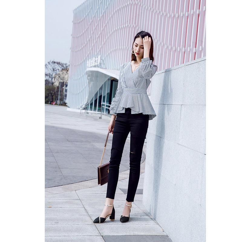 Spring  Summer Sandals Female Students Korean Version  Wild Thick Heels One-word Buckle  High Heels Mid-heel  Single Shoes