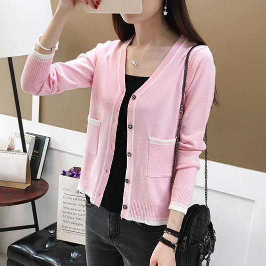 Spring and Autumn Color Matching V-neck Short Sweater Knitted Long-sleeved Shawl Outer Shirt Fashion Women's Top