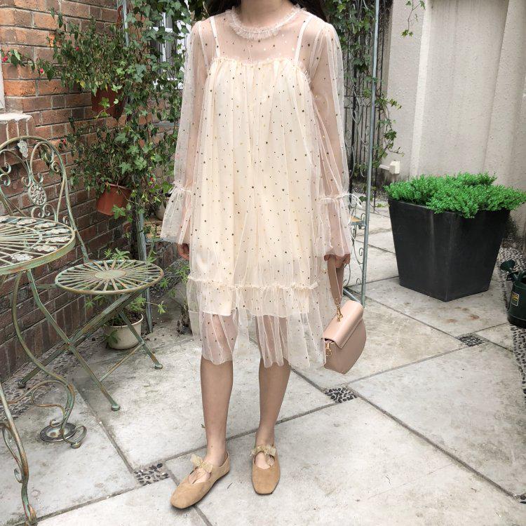 Spring and Summer Sweet Mesh Dress Female Student Sequined Tie Bow Long Skirt