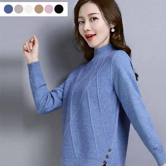 Pofulove Long Sleeve Soft Sweater Solid Color Half Turtleneck Loose Thicken Bottoming Knitwear