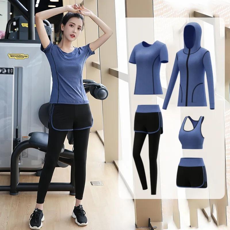 5PCS Women's Sports Suit Four Seasons Yoga Clothing Suit Running Sportswear Running Suit Gym Fitness Clothing Active Wear Elastic Stretch Outwear