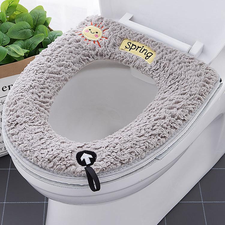 Lambswool Toilet Seat Covers Winter Warm Thick Toilet Seat Mat with Handle Sunshine Pattern Cartoon Cute Toilet Seat Cushion Bathroom Lavatory Pad