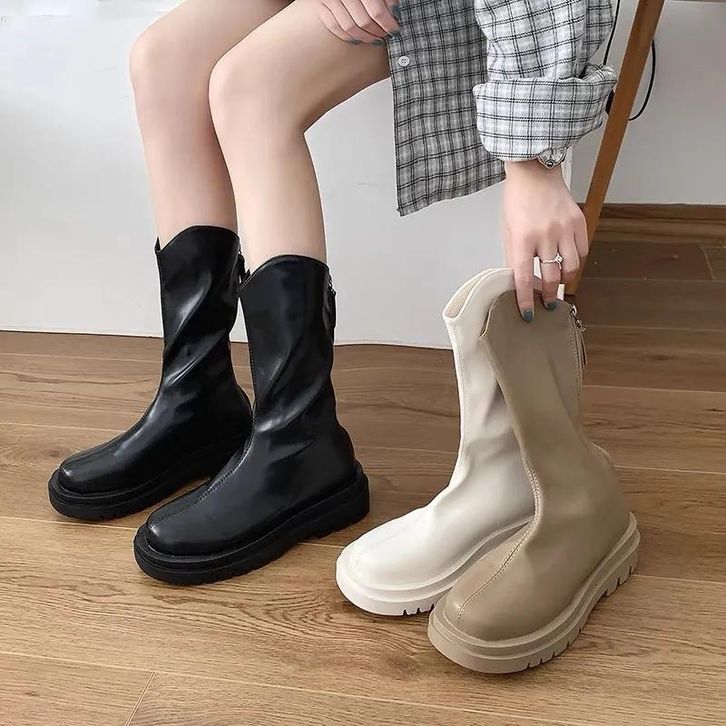 Chelsea Boots Mid-tube Boots Plus Velvet Snow Boots British Style Martin Boots Thick-soled Winter Boots Autumn and Winter