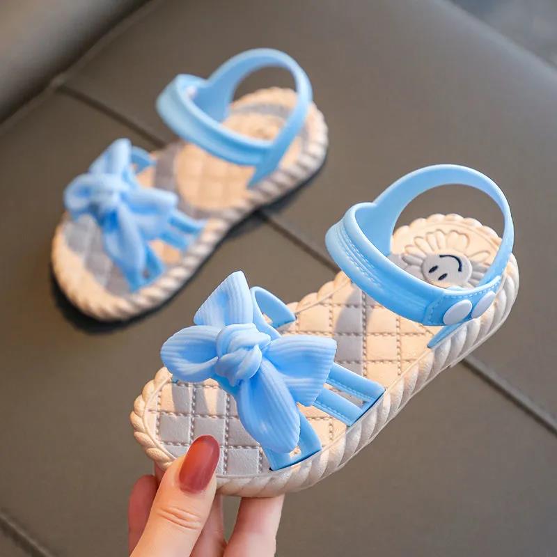 Kids Sandals Girls Summer Sandals Soft Sole Flat Casual Sandals Solid Color Anti-slip Beach Bow Sandals