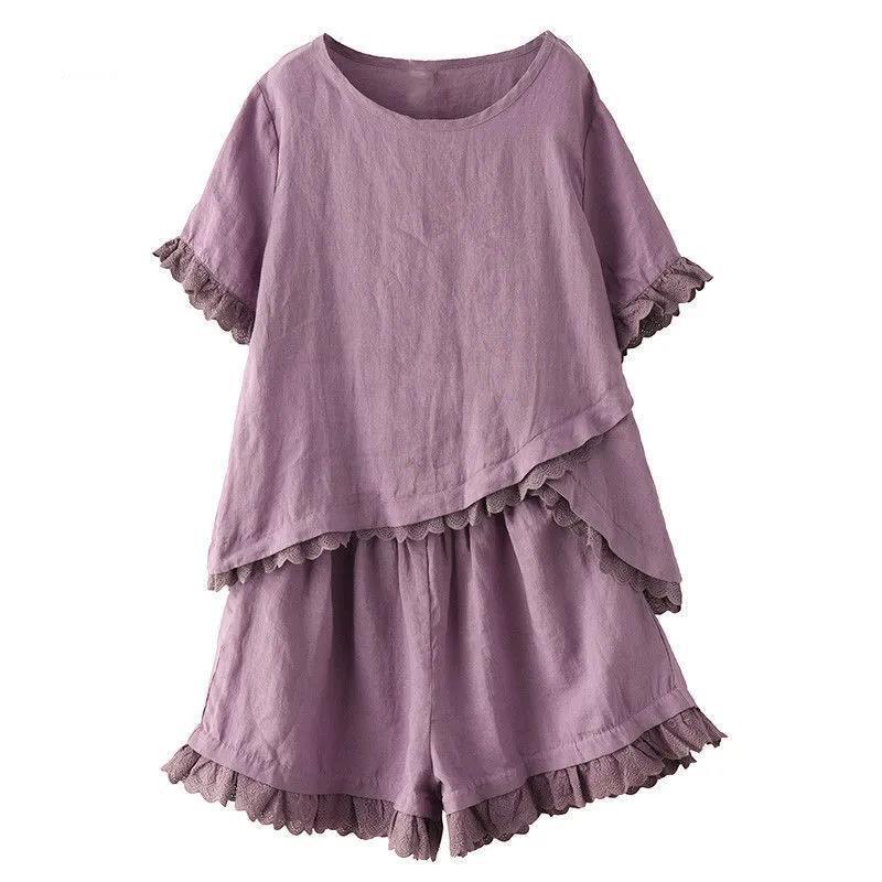 WTEMPO Solid Color M-XXXL 2pcs Suit Spring Summer Women's Plus Size Elastic Waist  Round Neck Short Sleeve Loose Casual Two-piece Set