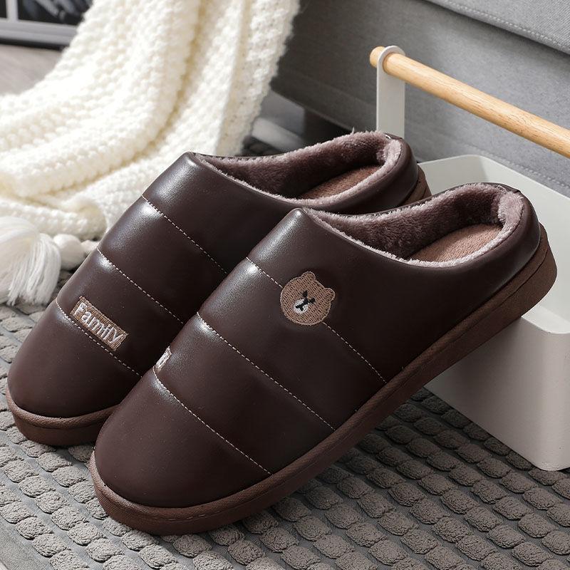 Cotton Slippers Women Winter Indoor Thick-soled Anti-skid Home Couple Models PU Surface Waterproof Warm and Velvet Slippers Men's Slippers