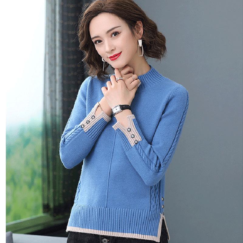 Winter Women Mid-High Collar Pullover Sweater Button Twist Loose Office Bottoming Shirt