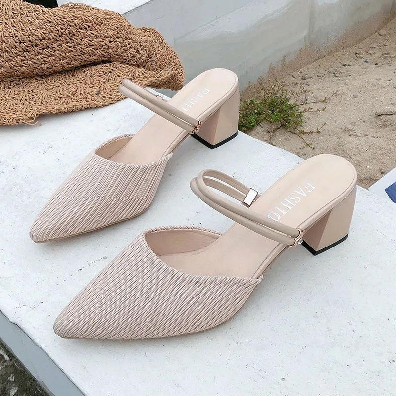 High Heels Pointed Toe Two Wear Baotou Sandals Slippers Women's Summer New All-match Thick Heels Fashion Dual-use Comfortable Black