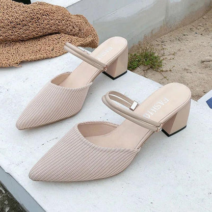 High Heels Pointed Toe Two Wear Baotou Sandals Slippers Women's Summer New All-match Thick Heels Fashion Dual-use Comfortable Black