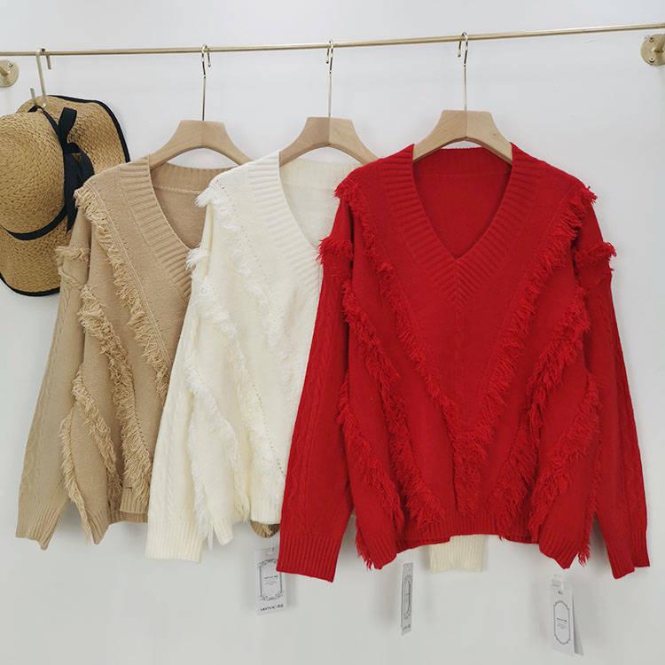 Pofulove Sweater Women's Pullover Autumn and Winter Short V-neck Loose Knit Bottoming Shirt Wild