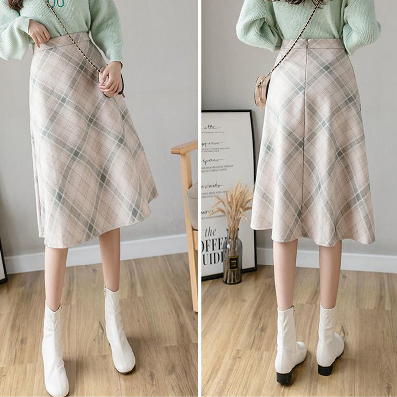 Autumn and Winter New High-waist Woolen Plaid Skirt Women's Mid-length A-line Large Skirt Over-the-knee Umbrella Skirt Autumn