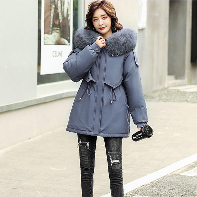 Women's Solid Color Hooded Down Jacket Regular Korean Loose Thick Coat Warm Cotton Coat Large Leather Collar Winter Coat Quilted Coat