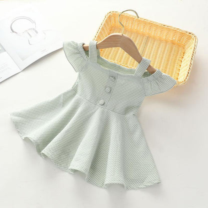 Children Dress Girls Summer Suspender Skirt Dress Korean Princess Skirt Plaid Single Breasted Strapless A-line Dress