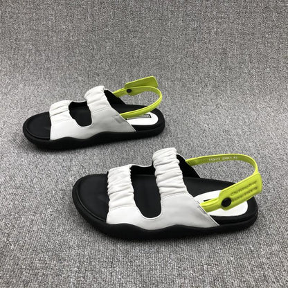 European Women's Shoes Summer Soft Leather Folds Color Matching Open Toe Flat Beach Sports Sandals Women