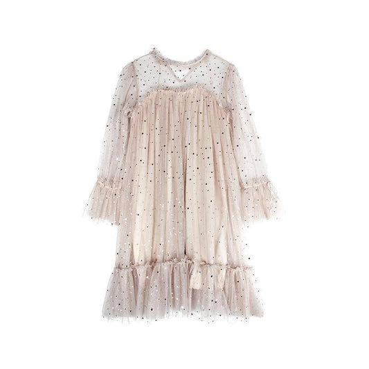 Women Sequins Mesh Dresses Shiny Long Sleeve Mesh Dresses Lady Star Sequined Tulle Princess Dress