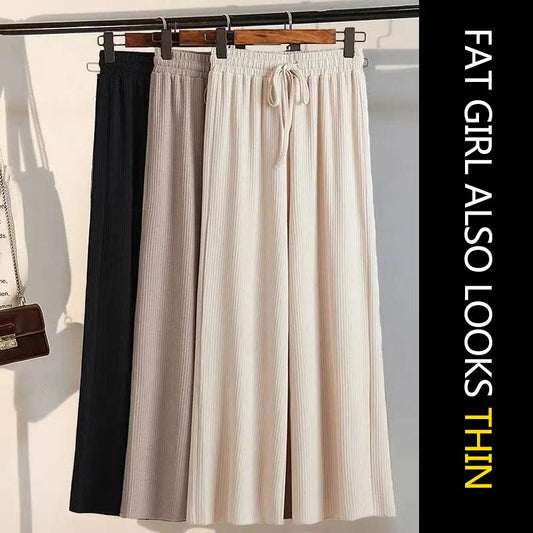 Ice Silk Pendant Wide Leg Pants Women's Spring and Summer Nine Points Straight Pants High Waist Slim Casual Pants Girls Loose Cool Pants