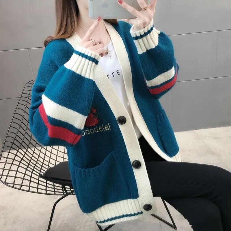 Women's Knitted Cardigan Sweater Loose Spring and Autumn Style Lazy Wind Sweater Coat