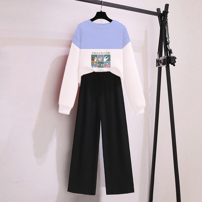 Two-piece Loose Hoodie Wide Leg Pants Casual Suit Women's Round Neck Long-sleeved Shirt + Loose Pants Casual and Comfortable