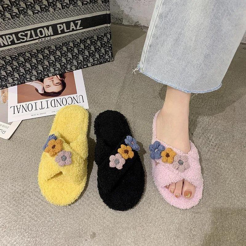 Cotton Slippers Female Cute Plush Slippers Wear Plush To Keep Warm At Home Winter Slippers Non-slip Breathable Cross Slippers