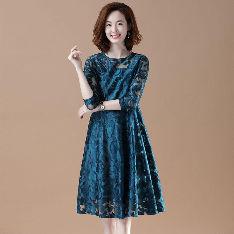 Large Size Lace Long-sleeved Dress Female Spring Summer Thin Hollow A-line Skirt All-match Dinner Dress