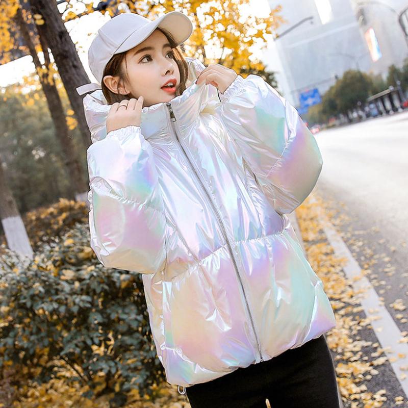 Women's Bright Print Short Down Jacket Winter Korean Loose Quilted Jacket Casual Stand-up Collar Hooded Down Jacket Quilted Jacket