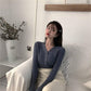 Pofulove Girly V- Neck Button Pullover Long Sleeve Sweater Women Solid Color Slim Waist Knitwear