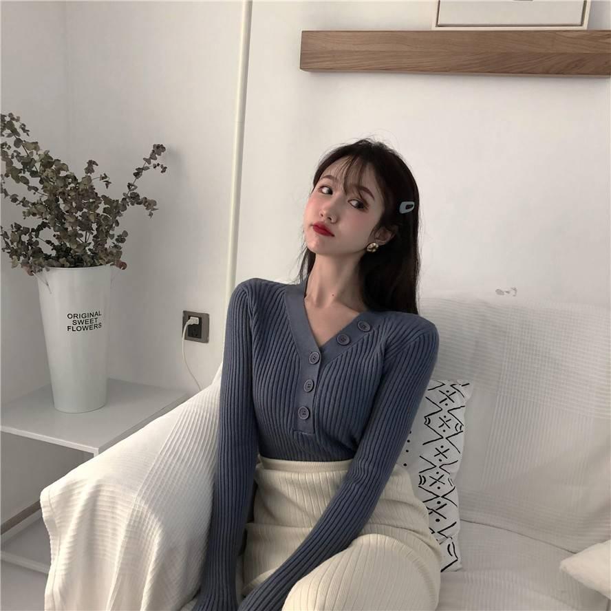 Pofulove Girly V- Neck Button Pullover Long Sleeve Sweater Women Solid Color Slim Waist Knitwear