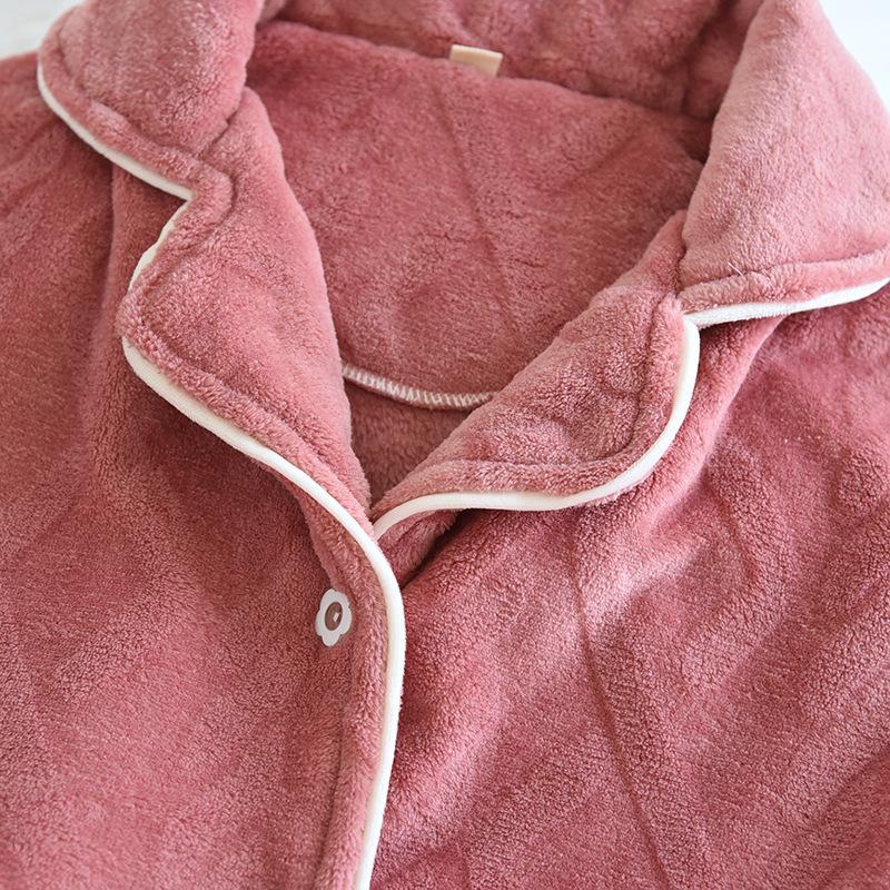 Winter Sleepwear Set Women Coral Fleece Pajamas Suits Flannel Thick Velvet Warm Homewear with Pockets Tops and Pants Long Sleeve Turn-down Collar