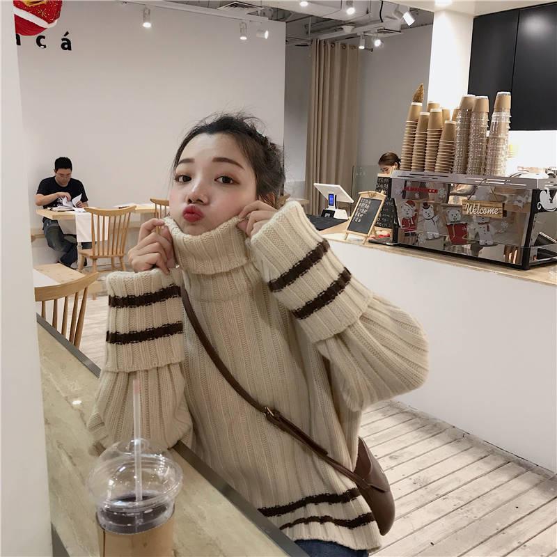Pofulove High-collar Oversize Minimalist Gary or White Striped Loose Cuffs Pullover Sweater