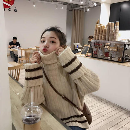 Pofulove High-collar Oversize Minimalist Gary or White Striped Loose Cuffs Pullover Sweater