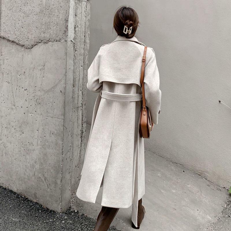 Fashion Women's Mid-length Woolen Coat Knee-length Waist Hepburn Style Thick Woolen Coat