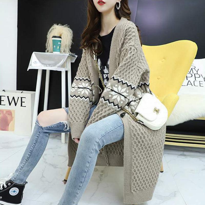 Autumn and Winter Leisure Wool Knit Sweater Loose Long Over The Knee Top Elegant Jacquard Pattern Sweater Coat