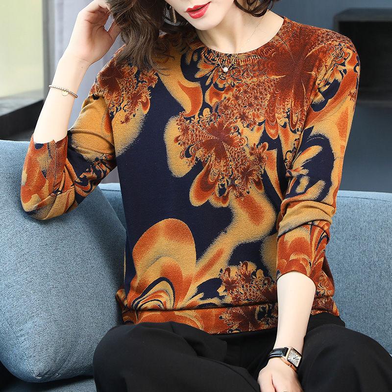 Women's Printed Knit Sweater High-end Cashmere Sweater Round Neck Ethnic Base Sweater Plus Size Warm Pullover Jumper