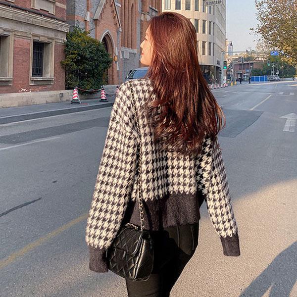 Top Women's Autumn Small Fragrant Wind Sweater Cardigan Jacket Short Plaid Mink Fleece Sweater