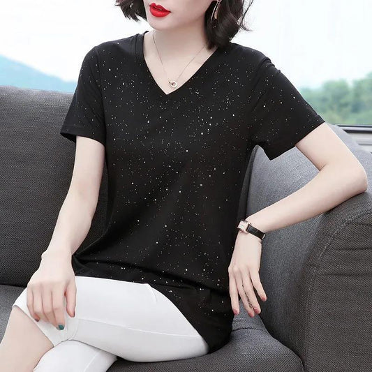 Women's Summer Short Sleeve Mid Length V-Neck Large Size Loose T-Shirt
