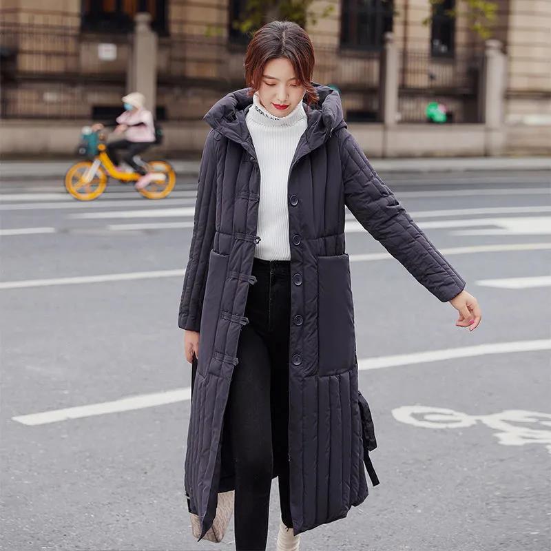 Winter Women's Down Jacket Retro Folk Style Thick Warmth Long Padded Hooded Over-the-knee Windbreaker Jacket