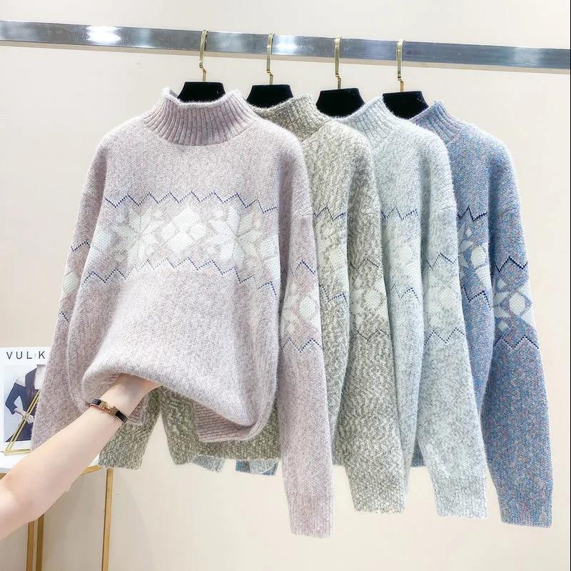 Women's Faux Mink Half Turtleneck Pullover Sweater Snowflake Embroidery Plus Size Sweater