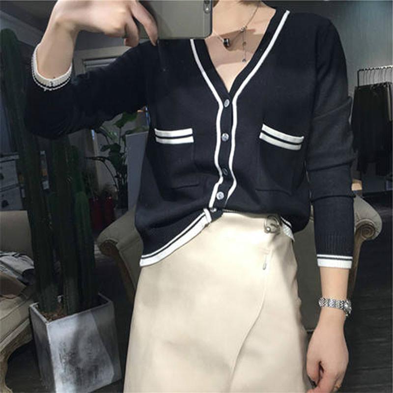 Pofulove Autumn Women's Knit Cardigan Jacket V-neck Long Sleeve Loose Slim Fit Ladies Sweater