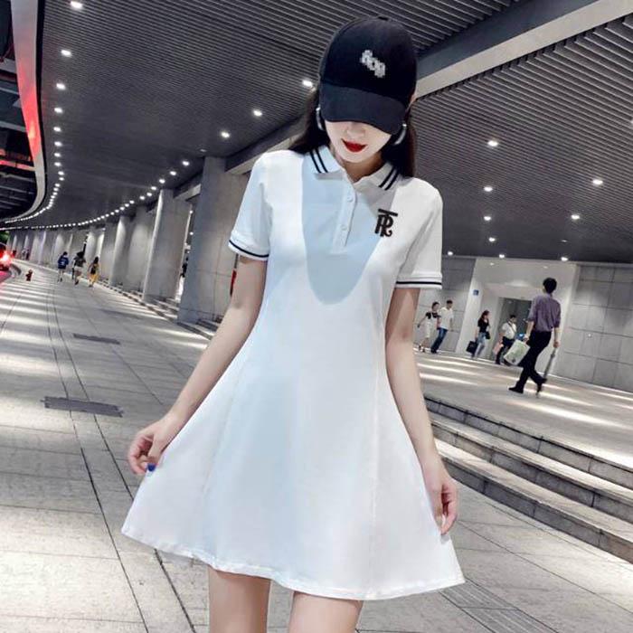 Pofulove S-2XL Women Summer Short-sleeved A-line Dress Student Slim Long Sports POLO-neck T-shirt