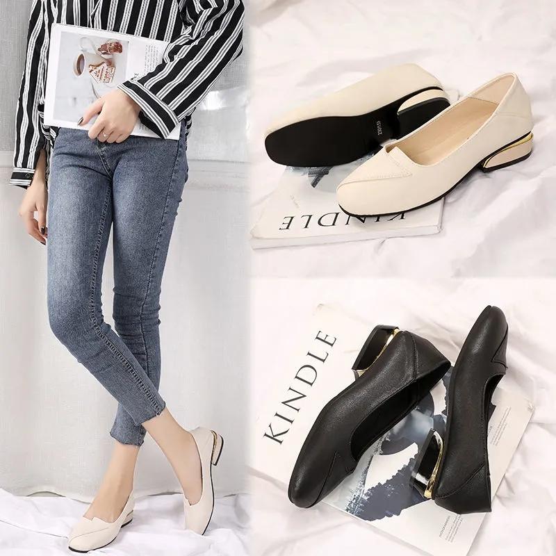 Women's Thick-heel Casual Shoes Mid-heel Pumps Professional Work Shoes Low-top Shoes Leather Shoes Mother Shoes