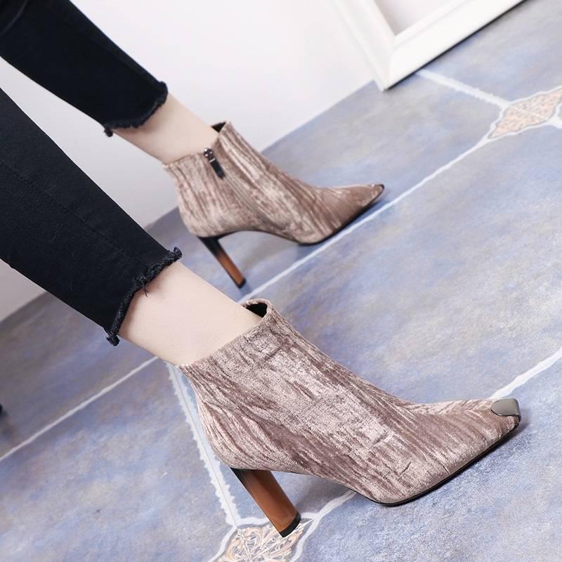 Thick with Martin Boots Female Metal Square Head High Heel Boots  Zipper Bare Boots Banquet Shoes
