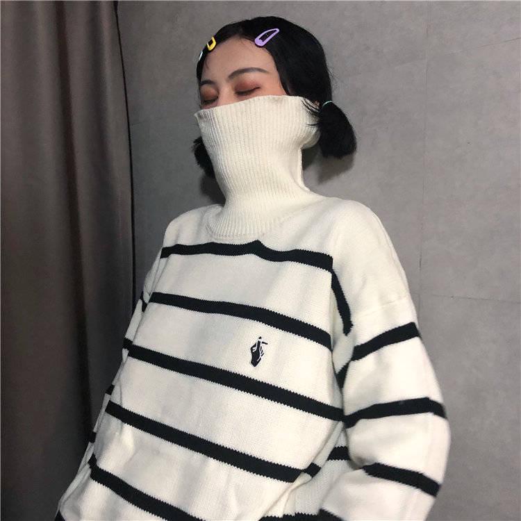 Pofulove Striped Embroidered Turtleneck Women's ulzzang Students Loose Contrast Color Sweater Coat