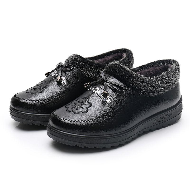 Women's Plush Fleece Warm Leather Cotton Boots Waterproof Non-slip Flat Ankle Boots Winter Shoes