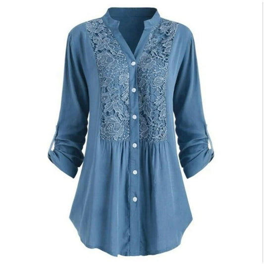 Women's Ethnic Blouse Loose Long Sleeve Cotton Lace Panel Plus Size Women's Top 6 Colors Size 8
