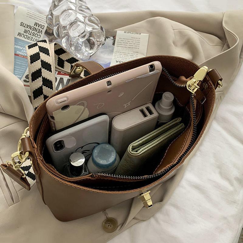 Crossbody Bags Portable PU Leather Wide Strap Shoulder Bags Casual Female Multi-Layer Large Capacity 3 Colors