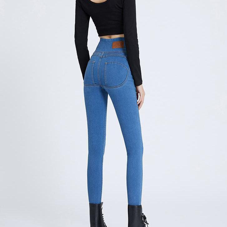 Women Winter and Autumn Large Size Streetwear Long Jeans Slim Solid Color High Waist Elastic Casual Pencil Jeans
