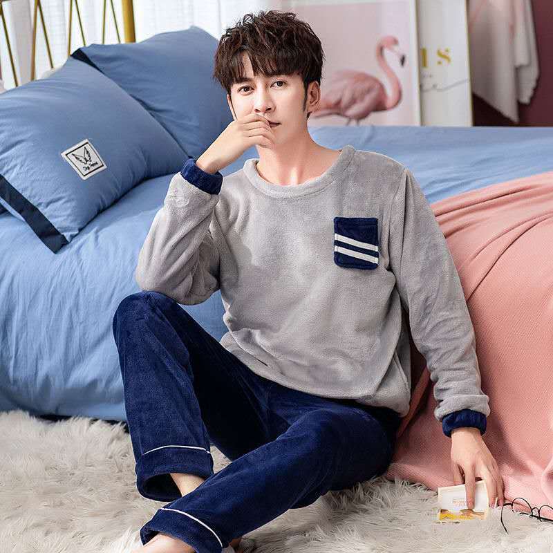 Men's Pajamas Winter Coral Velvet Thickened Plus Velvet Plus Size Youth Hedging Striped Home Service Suit