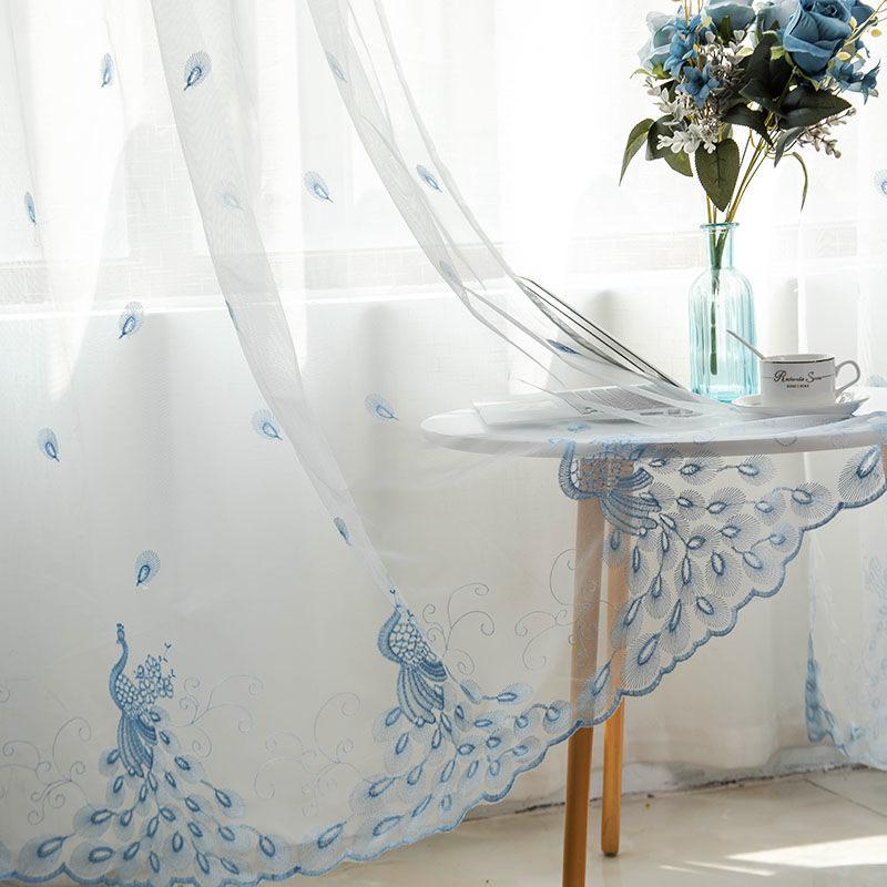 1/2pcs  Peacock Embroidered Sheer Tulle Curtains for Living Room Girls Jacquard Pastoral Window Curtain for Bedroom Curtains